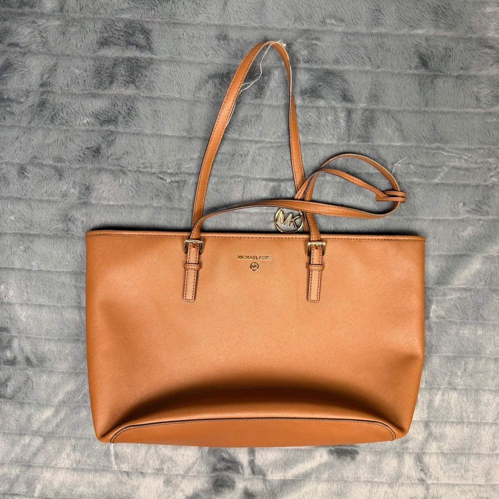 Michael Kors Jet Set Travel Tote Saffiano Leather Luggage Brown Gold Tone Large